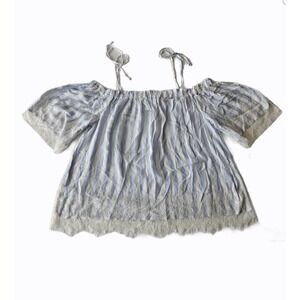 NWT SOHO NY & Co Blue + White Striped Lace Off-Shoulder Spring Summer Blouse L